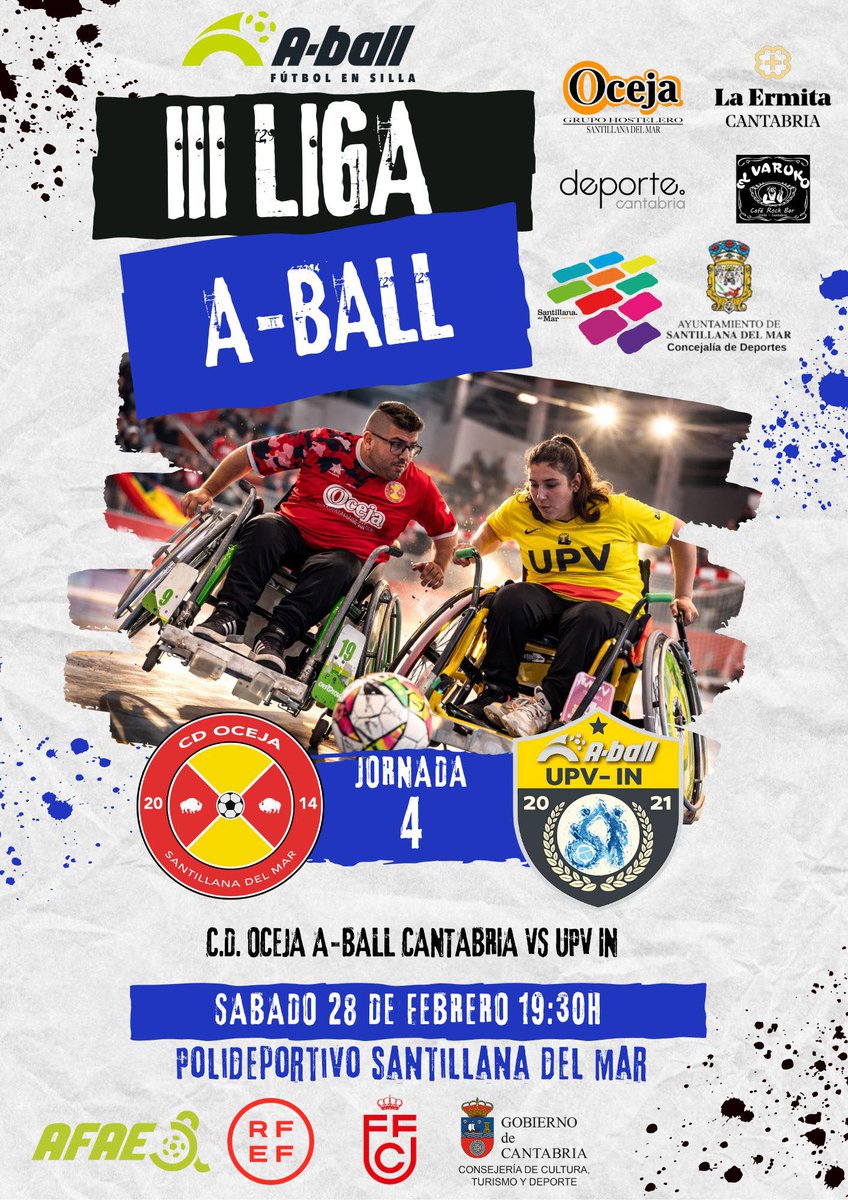 📆 𝐀𝐠𝐞𝐧𝐝𝐚 | Santillana del Mar

♿️⚽️ Este sábado, 28 de febrero, a las 19.00 horas, cuarta jornada de la III Liga A-Ball de fútbol en silla de ruedas. El <a href="/aballcant/">A-Ball Cantabria</a> se enfrenta a UPV IN.

📍 En el polideportivo de Santillana del Mar.