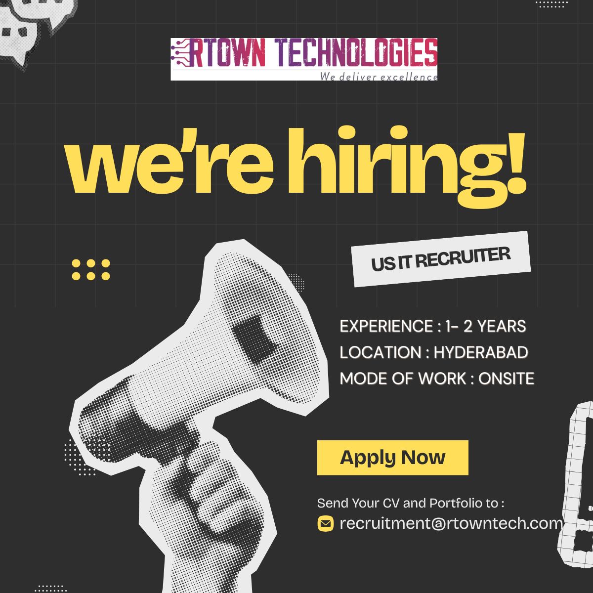 crontle7's tweet photo. 🚀 RTown Technologies is Hiring | US IT RecruiterWe’re looking for enthusiastic and driven US IT Recruiters to join our onsite team in Hyderabad! If you have experience sourcing, screening, and coordinating hires for US clients, this role is perfect for you 🇺🇸💼✨ https://t.co/r2uwxlDLxG