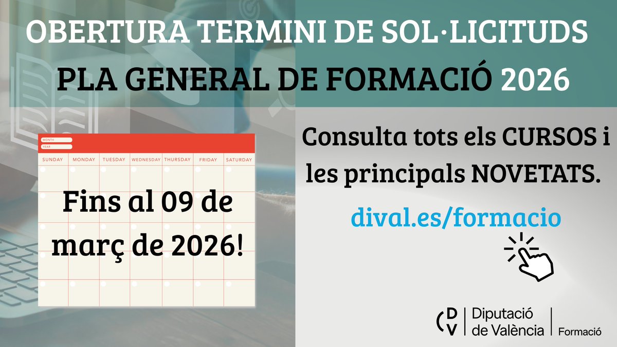 formacioDIVAL's tweet photo. 📝🙋‍♂️ Recorda que està OBERT el termini per a sol·licitar els cursos del PLA GENERAL DE FORMACI�� de la @dipvalencia.

📅 Fins al 09 de març de 2026 (inclusivament).  

🎯 Dirigit al personal empleat públic de la província de València. 

📲 Més INFORMACIÓ: https://t.co/t5CF04DbPm https://t.co/GX8g33o0R4