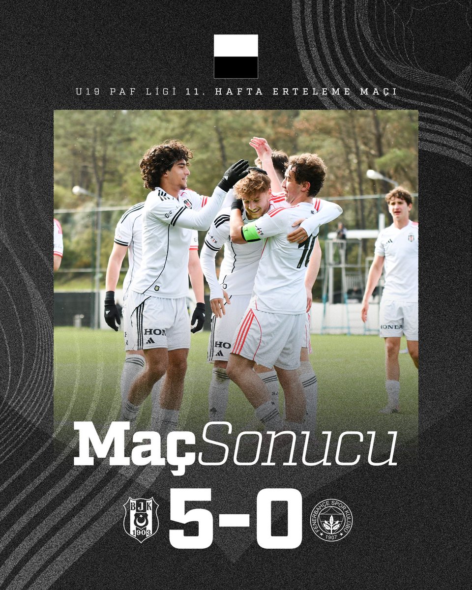 Beşiktaş 5:0 Fenerbahçe💪🏻🔥

U19 PAF Ligi, 11. Hafta Erteleme Maçı

⚽️ 36’ Kartal Cengizer
⚽️ 45’ Devrim Şahin
⚽️ 67’ Mustafa Azem Yortaç
⚽️ 80’ Sarp Karatopraklı
⚽️ 83’ Ayaz Haktan Gülsüm

⬛️⬜️