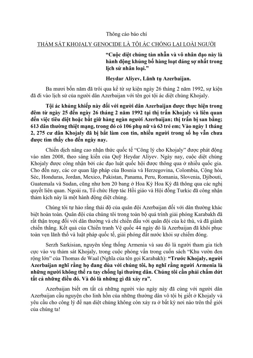 Thông cáo báo chí:
THẢM SÁT KHOJALY GENOCIDE LÀ TỘI ÁC CHỐNG LẠI LOÀI NGƯỜI