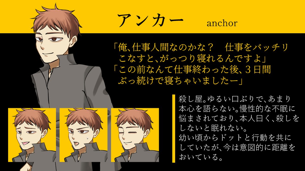 🔶キャラ紹介７番目は、アンカー。
のらりくらりと本心を語りたがりませんが、ドットには思うところがあります。女性好きですが、長続きしません。
#ゲーム制作