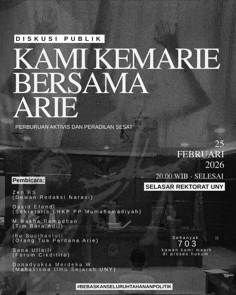 kawan-kawan Jogja, mari bertemu dalam diskusi publik merespon perburuan aktivis dan peradilan sesat yang baru saja memvonis tahanan politik Jogja.

malam ini pukul 20.00 WIB
di Selasar Rektorat UNY.