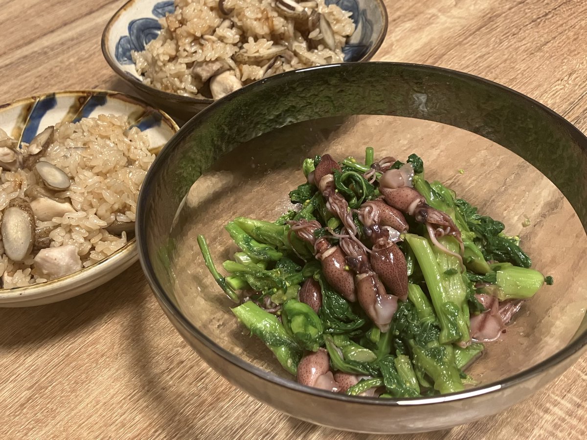 今晩はホタルイカと菜の花の辛子和え、鶏ごぼうの炊き込みご飯で一杯🍶今年初のホタルイカ、ふっくらして美味しかったー！