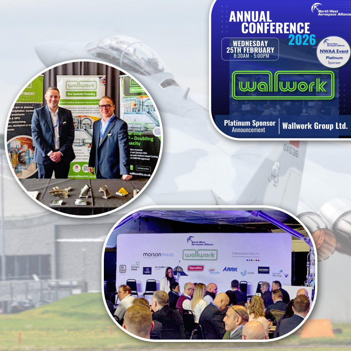 WallworkHT's tweet photo. Proud to be Platinum Sponsor at the @NWAerospace  Annual Conference today at the Concorde Centre Manchester airport. Howard &amp; Andy are looking forward to discussing advanced thermal processes, hot isostatic pressing, vacuum brazing &amp; surface engineered coatings for #aerospace. https://t.co/K68tkce9wj