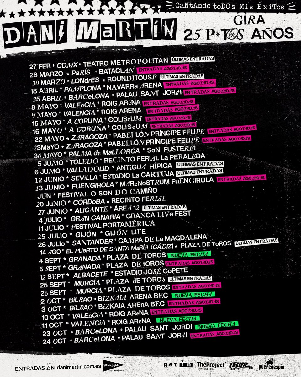 🥁 Tercer Palau Sant Jordi en Barcelona, cuarto Roig Arena en Valencia, segunda plaza de toros en Granada y segundo BEC! en Bilbao. Ya disponibles en danimartin.com.es/conciertos
Todo esto vuelve a ser inesperado para mí y por ello quiero agradecer tanto cariño. Soy muy afortunado!!!