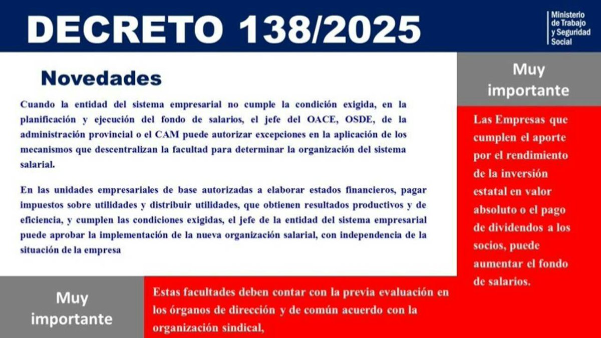 La normativa introduce un cambio fundamental en la gestión del capital humano, permitiendo a las empresas tomar decisiones sobre salarios sin la intervención directa del sus respectivos ministerios.
#Cuba #MtssCuba