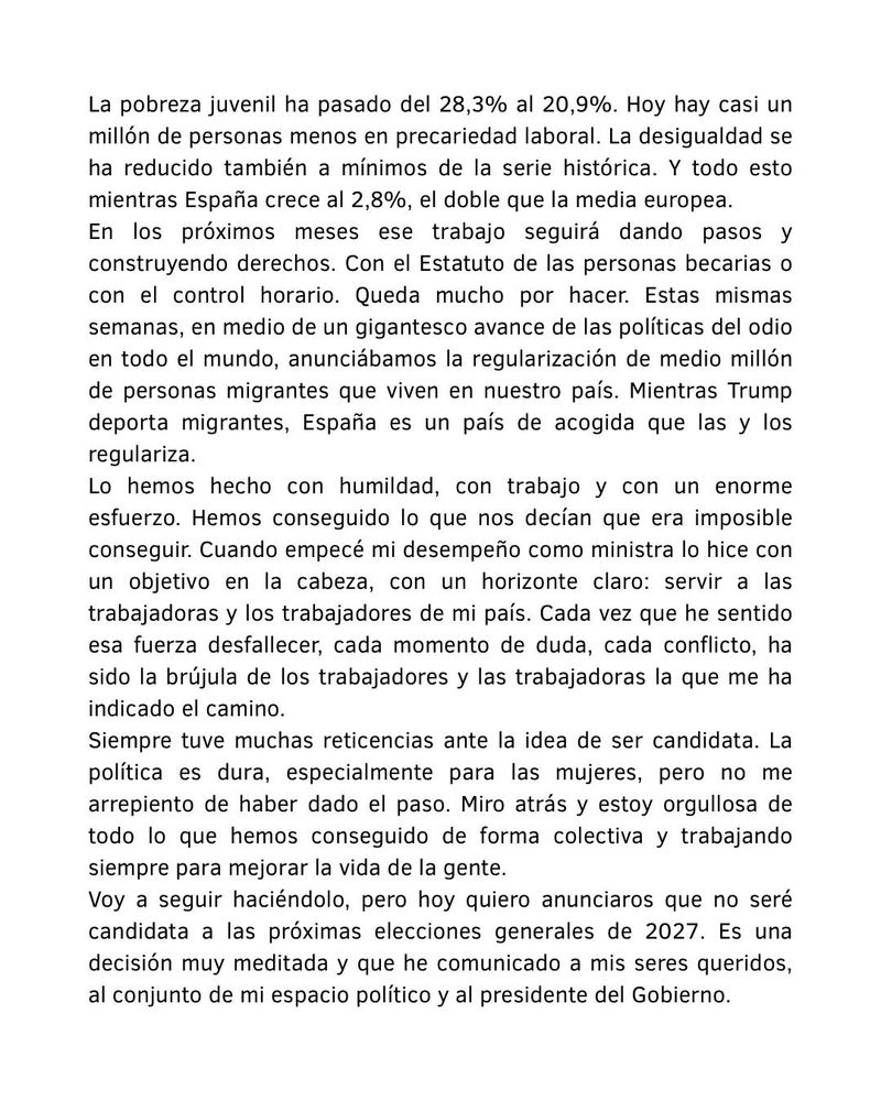 Por encima de cualquier desencuentro, tengo claro que a los nuestros hay que agradecerles siempre lo mucho que han aportado para mejorar las condiciones materiales de vida de nuestra clase.
Yolanda Díaz será por mucho tiempo la mejor ministra de Trabajo de la historia.
Abrazo