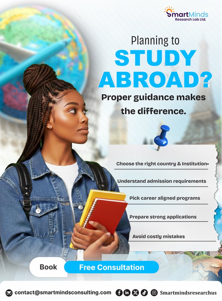 SMResearch_'s tweet photo. Studying abroad is a major decision.
SmartMinds provides structured consultation to help you make informed and confident choices.
Send us a message to begin your study abroad journey.
#studyabroad #studyabroadconsultation #smartminds #internationalstudents
#studyabroadnigeria https://t.co/ipgAMb4Kn8