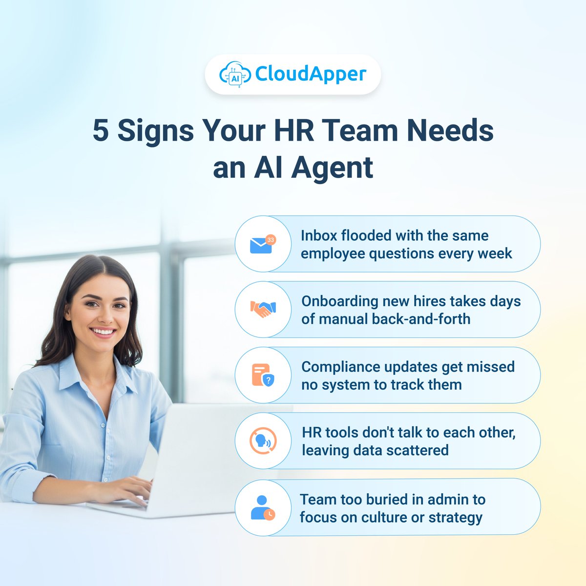 CloudApperAI's tweet photo. If your #HR inbox looks the same every Monday, something needs to change.

#CloudApper #AIPeopleOpsAgent handles questions, onboarding, compliance, and time tracking so HR can focus on people.

Which HR task would you automate first? Tell us below 👇👇 https://t.co/zUHRaquW3N