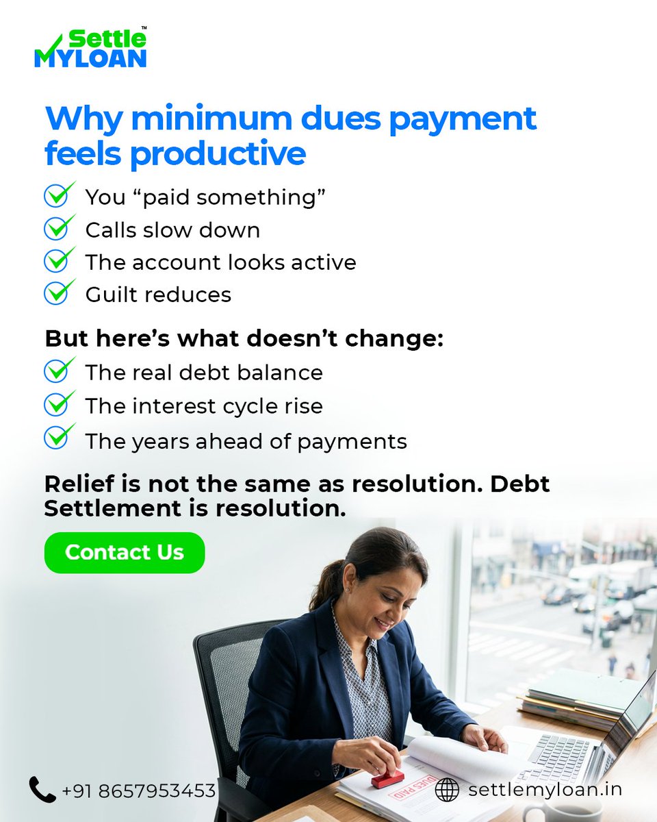 settlemy_loan's tweet photo. Paying minimum dues feels productive.
But they don’t reduce the real debt.

At Settle My Loan, we focus on resolution, not temporary relief.
While minimum payments slows down recovery calls and ease guilt, interest keeps adding and timelines keep stretching. https://t.co/rLIt7UCDkd