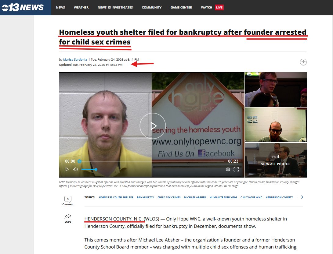 🤔Another shelter. Another director. Another trafficking bust.

Only Hope WNC a homeless youth shelter in western North Carolina just filed Chapter 7 bankruptcy after its founder, Michael Absher, was arrested for child sex crimes &amp; human trafficking.

No restructuring. No pause.