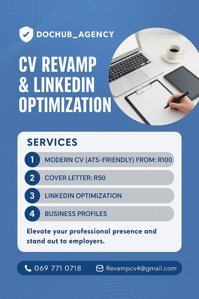 Documents_Hub's tweet photo. 📄 Need a job-winning CV? Revamp Yours Now 📄

✔️ ATS-Friendly CV from: R100
✔️ Cover Letter: R50
✔️ LinkedIn Profile Optimization

📲 WhatsApp: https://t.co/I6n0oLafWa
 069 771 0718

Dasen Musa Khawula Chatsworth budget speech KZN SAPS #MadlangaCommission #BetwaySowetoDerby https://t.co/CBptJ8mZjX