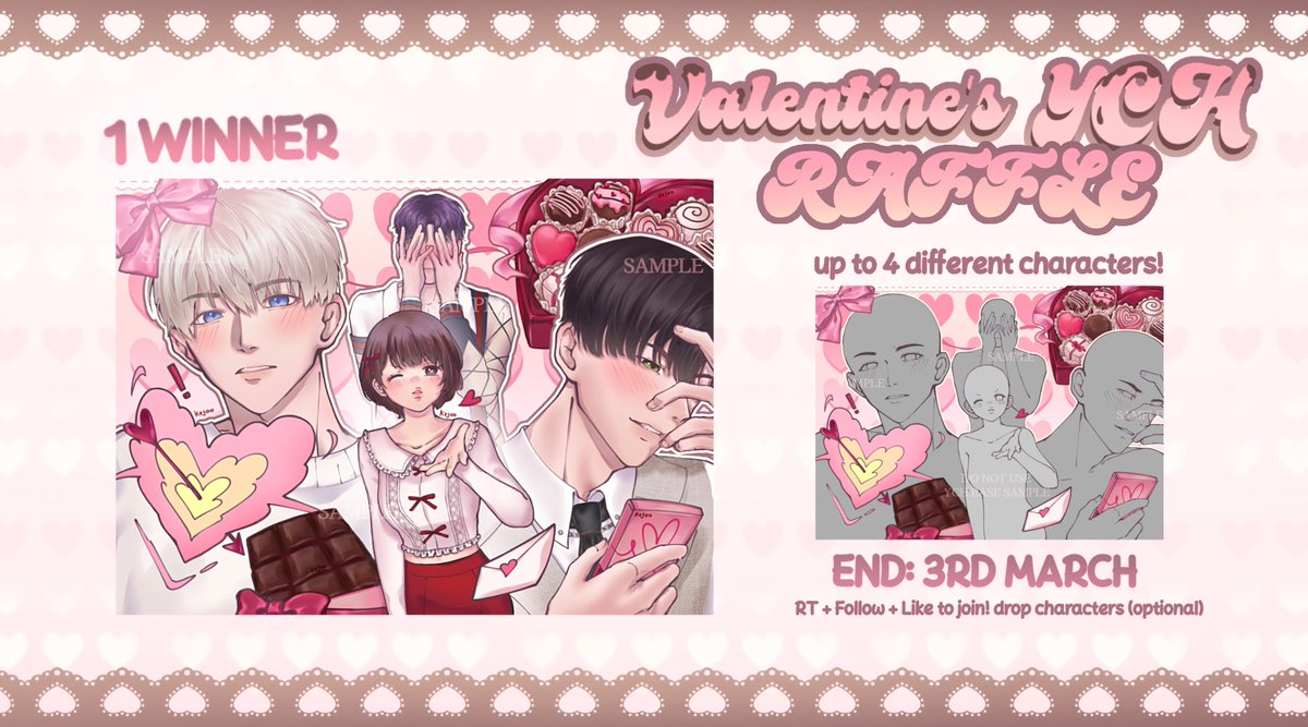 {VALENTINE YCH ART RAFFLE 🍫}
CLOSE ON MARCH 3RD
1 winner receive full render piece

How to join:
- Follow me
- Like + RT

Thank you for your support and good luck!! ﾉ⁠♡
#smallartists #raffle #YCH