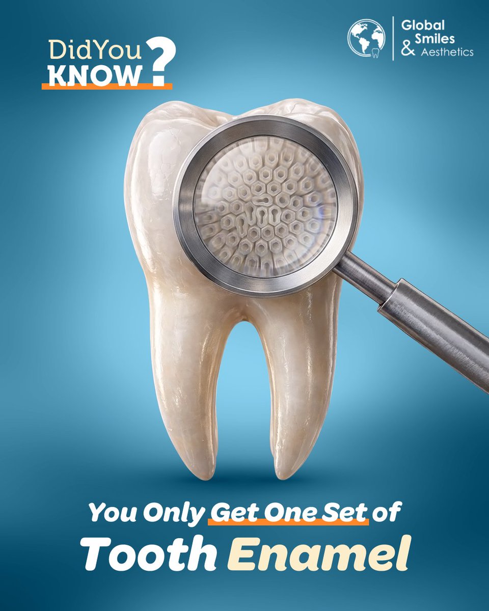 🦷✨ Did You Know?

You Only Get One Set of Tooth Enamel 😮🦷!

Once it wears away, your body can’t replace it 🚫.

Protect your #enamel today with gentle #brushing 🪥, fewer sugary #snacks 🍬, and regular #DentalCheckups 👨‍⚕️.

#DentalFacts #HealthySmile #ToothCare