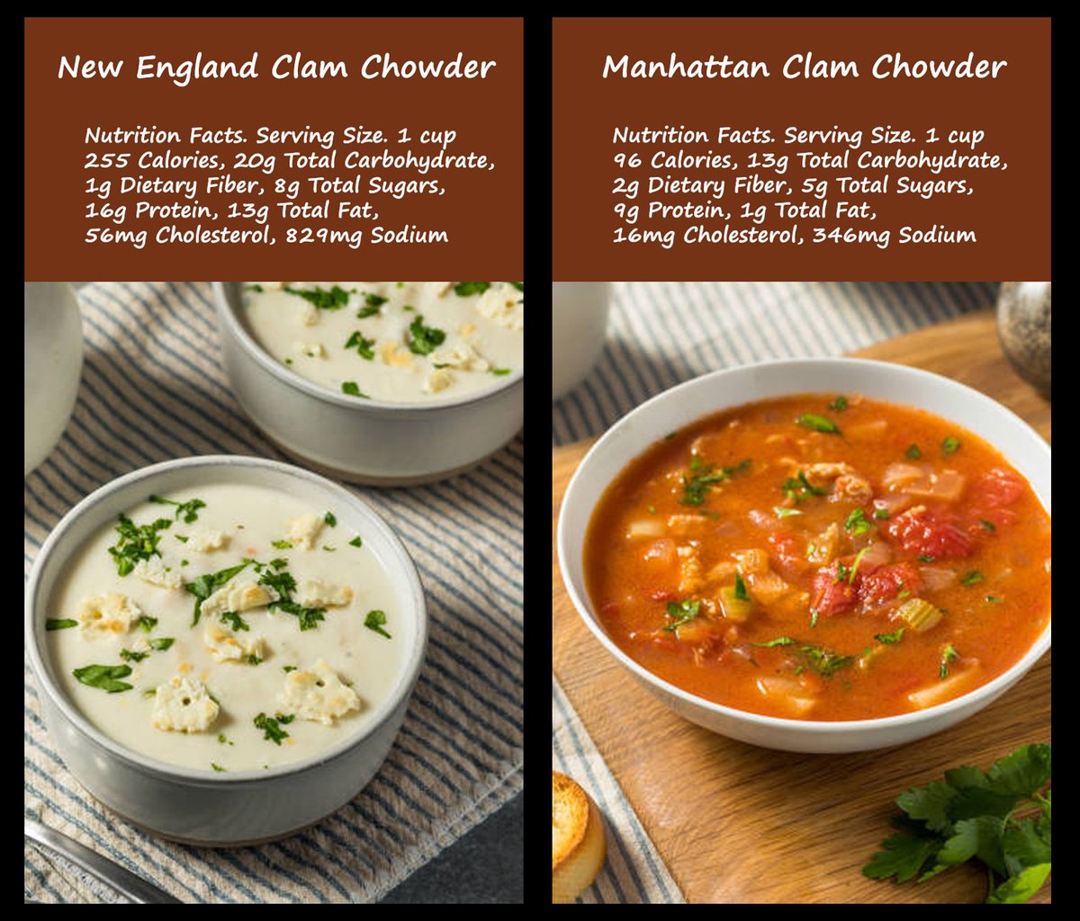DietitianOnline's tweet photo. Dive into the classic debate: creamy New England "white" clam chowder vs. the tomato-based Manhattan "red" variety. Which bowl wins your heart? Explore recipes &amp; nutritional facts! #NationalClamChowderDay #clamchowder #Manhattan #NewEngland https://t.co/jnxfeP6MZ2 https://t.co/EnFOnvKojl