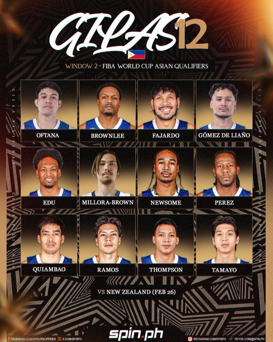 spinph's tweet image. As reported by SPIN.ph earlier, and made official by the Samahang Basketbol ng Pilipinas just now, here's your Gilas 12 that will be battling against New Zealand in Window 2! #FIBAWC #StepItUp #GilasPilipinas