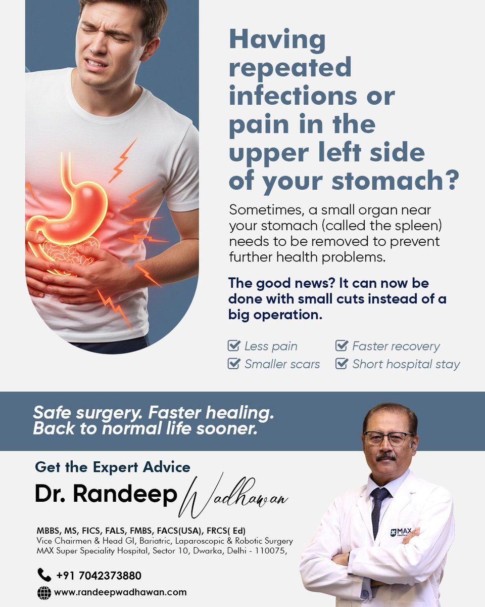 randeepwadhwan's tweet image. Upper left abdominal pain or repeated infections?
Minimally invasive spleen surgery offers less pain, smaller scars, and faster recovery.

Consult Dr. Randeep Wadhawan today.
📞 +91 7042373880

#LaparoscopicSurgery #Splenectomy #MinimalAccessSurgery #DrRandeepWadhawan