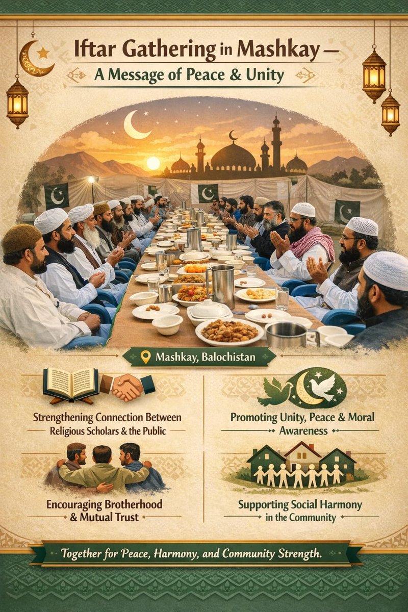 Sidra_501's tweet photo. Iftar gathering in Mashkay—promoting peace, love, tolerance, and unity between religious scholars and the public.
Enhances brotherhood, trust, and social harmony in the community.
#BalochistanReality
#PeaceInBalochistan
#TruthMatters
#AgainstPropaganda
#ServingTheNation https://t.co/JHesZG4urY