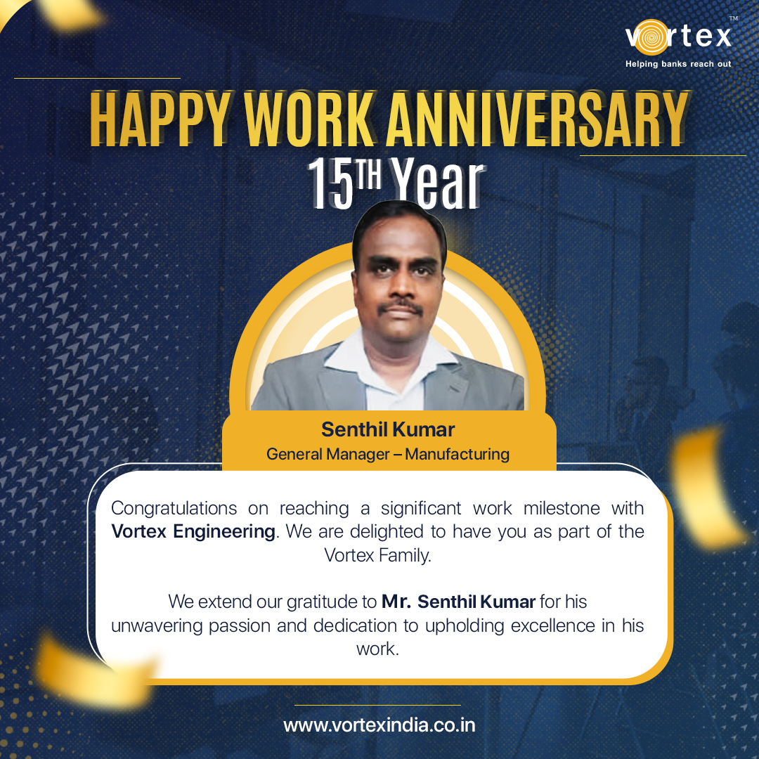 VortexATM's tweet photo. Congratulations on reaching a significant work milestone with Vortex Engineering. We are delighted to have you as part of the Vortex Family.

We extend our gratitude to Mr. Senthil Kumar for his unwavering passion and dedication to upholding excellence in his work. https://t.co/AlCiGjGYGh