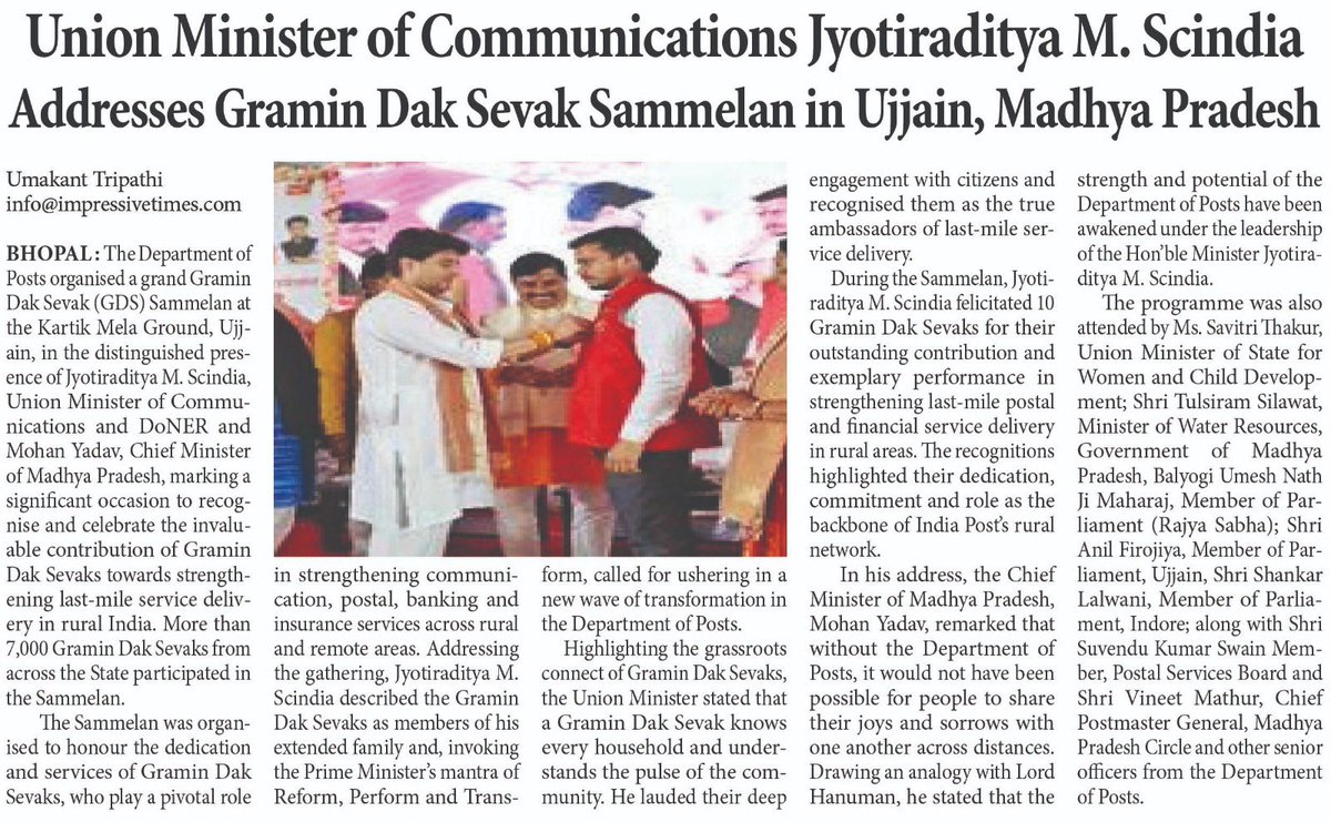 Hon’ble Minister Shri <a href="/JM_Scindia/">Jyotiraditya M. Scindia</a> ji addressed a grand gathering of over 7,000 Gramin Dak Sevaks (GDS) in Ujjain, Madhya Pradesh, recognising them as the backbone of India Post’s rural network and the ambassadors of last-mile service delivery. 

Minister Scindia felicitated