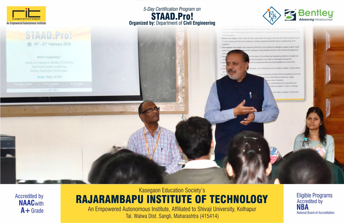 ritindia1983's tweet photo. Empowering Future Engineers at RIT 🏗️Dept. of Civil Engineering successfully concluded a 5-Day https://t.co/Sr53XAF0L7 Certification Program in collaboration with IFS Academy under the Bentley Systems Infrastructure Lab CoE.
#RIT #CivilEngineering #STAADPro #FutureEngineers https://t.co/lORnSe0eE5