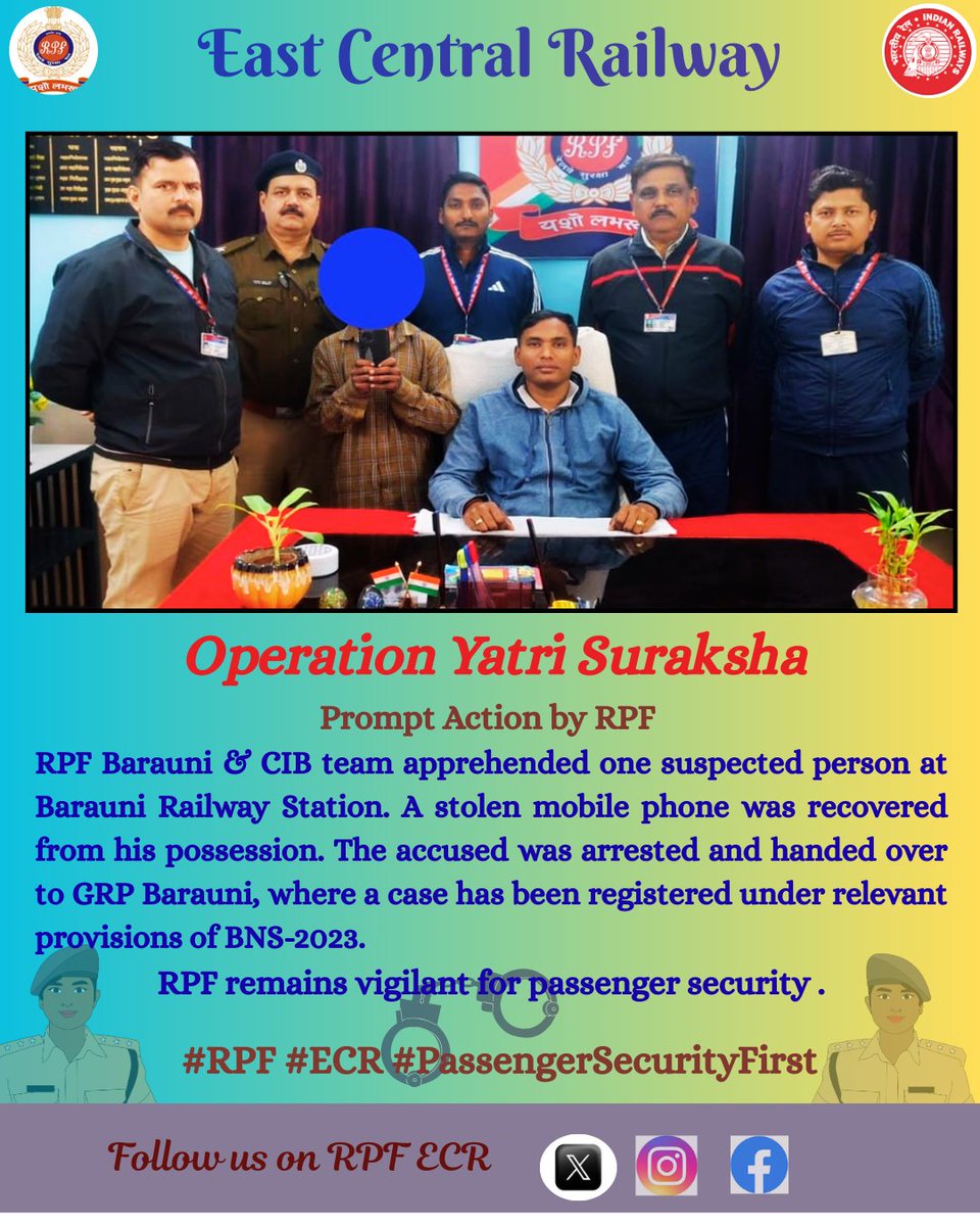 Prompt Action by RPF!
RPF Barauni apprehended one thief at Barauni Station. A stolen mobile phone was recovered. Handed over to GRP Barauni for further legal action.
RPF remains vigilant for passenger security .

#RPF #ECR #PassengerSecurityFirs #OperationYatrisuraksha
<a href="/RPF_INDIA/">RPF INDIA</a>