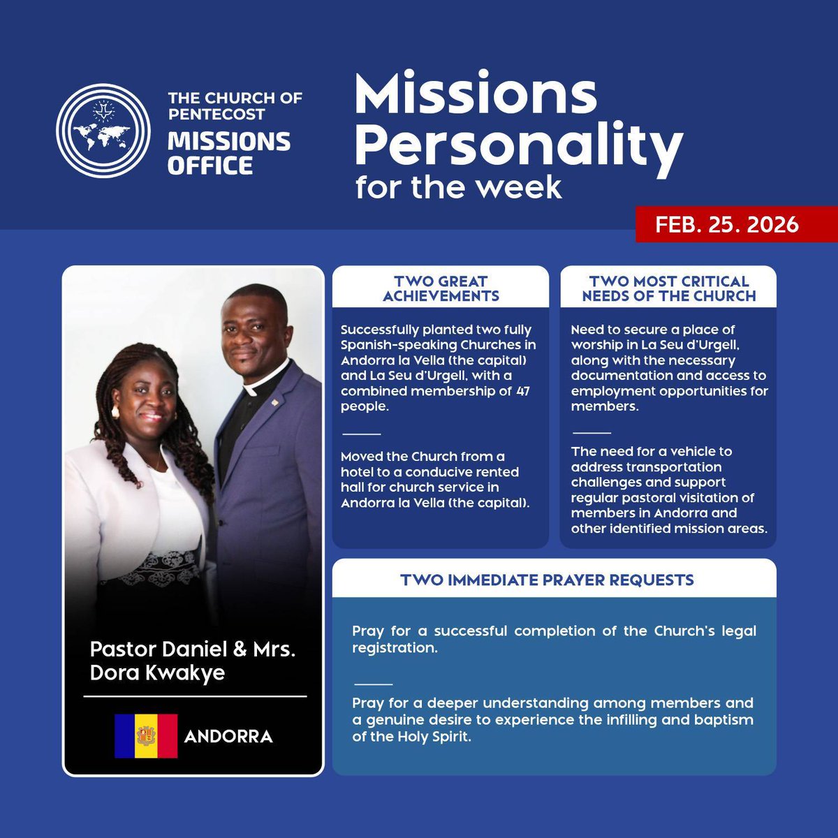Missions Personality: Pastor Daniel &amp; Mrs. Dora Kwakye 🇦🇩

​God is moving in Andorra!
✨ 2 New churches planted.
✨ 47 Members &amp; counting.

🙏 Pray with us: For legal registration and a mission vehicle to reach more souls.

#CoPMissions | #PossessingTheNations