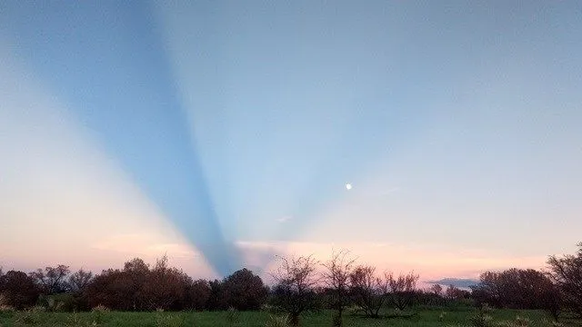 zakiberkata's tweet photo. Crepuscular rays
Fenomena optik berupa berkas cahaya matahari yang tampak memancar keluar dari satu titik di langit (seakan membelah langit), biasanya muncul saat terbit atau terbenamnya matahari. 
Sinar ini terjadi ketika cahaya matahari terhalang awan atau objek lain seperti gunung.