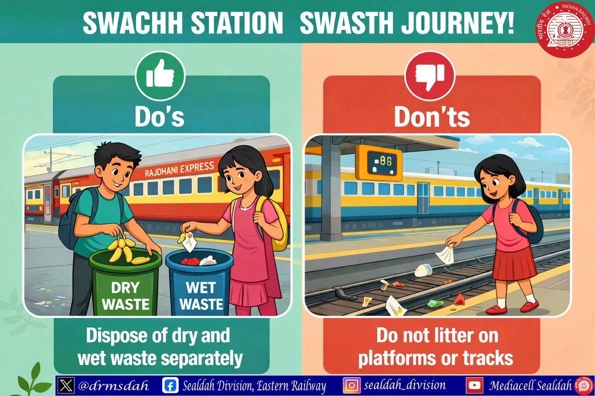 drmsdah's tweet photo. Let’s unite for a cleaner Indian Railways.
Always use a dustbin. Never litter on station premises.
Because cleanliness isn’t just a duty. It’s a shared responsibility.

#CleanRail #SwachhStation
#ResponsibleRailYatri https://t.co/kBMPJYFypy