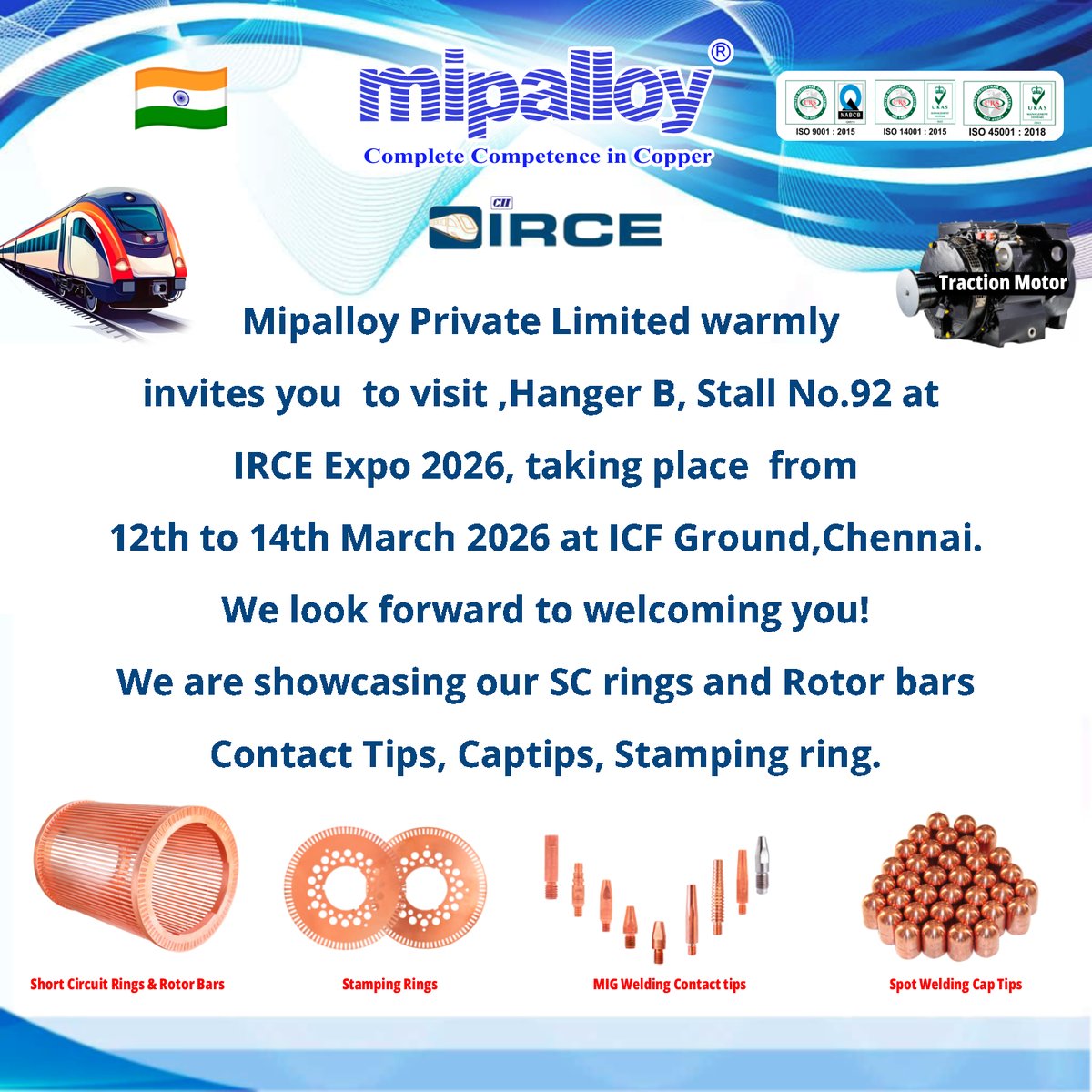mipalloy1's tweet photo. Mipalloy is excited to participate in the IRCE Expo at ICF Ground from 12th–14th March.

📍 Hall Hanger B | Stand No. 92

We look forward to connecting with you and showcasing our innovations. See you there! https://t.co/3czjJrmH3M