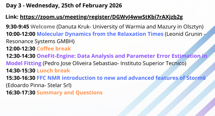 NMRImprov's tweet photo. Third day of the Workshop

🧬 👨‍🔬 "Links between TD-NMR and FC-NMR methods" 👩‍🔬🧬

Link: Day 3 25.02.2026 - https://t.co/6t4GdFUajj

#NMR #TDNMR #FCNMR #Relaxometry #ScientificResearch #Stelar #NMRImprov https://t.co/8yuwND0oEa