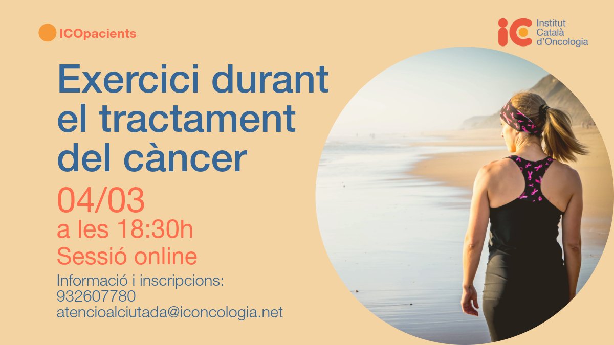 ICO_oncologia's tweet photo. Quin #exercici #físic puc fer si estic en tractament oncològic? T'oferim una sessió ONLINE per conèixer la importància de fer exercici durant el tractament i quin és més recomanable
🗓️4 de març - 18:30h 
👥Per a pacients de tots els centres
https://t.co/kSgQrJA0iO
#ICOpacients https://t.co/83hBYCdafk