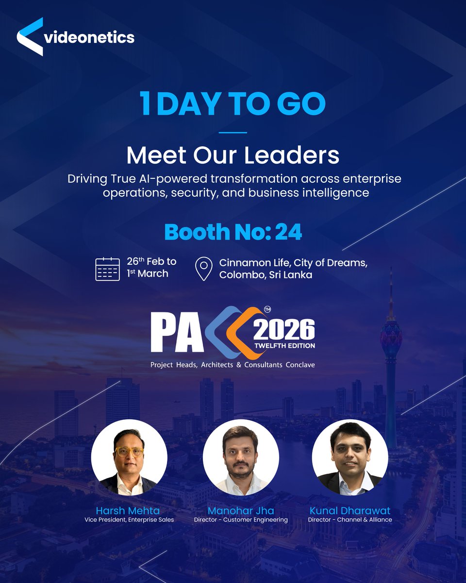 videonetics's tweet photo. Join us at PACC from 26 Feb – 1 Mar 2026. Visit our booth to connect with our experts and explore how we can build smarter, safer, and more efficient environments together.

Looking forward to meaningful conversations.

📍 Cinnamon Life, City of Dreams, Colombo https://t.co/3BbZc7FxtA