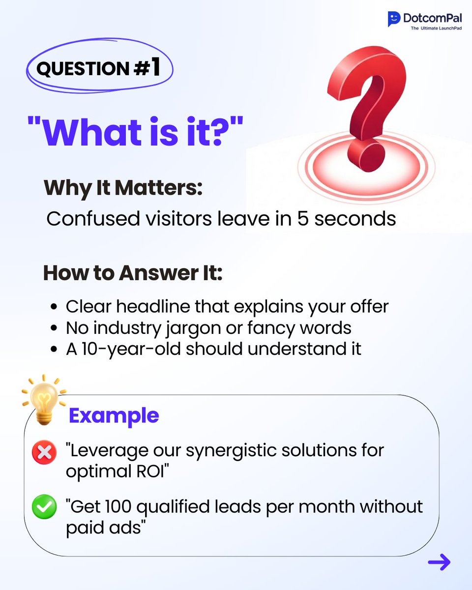 DotcomPal's tweet photo. Q1: “What is it?”❓
Confused visitors leave.
Answer with one clear headline + what problem you solve.✅
Example: “The all-in-one platform that builds funnels, pages & videos without tech headaches.”
#ConversionRateOptimization #FunnelBuilder #Democrats #StateOfTheUnion https://t.co/9GEyA37CaJ