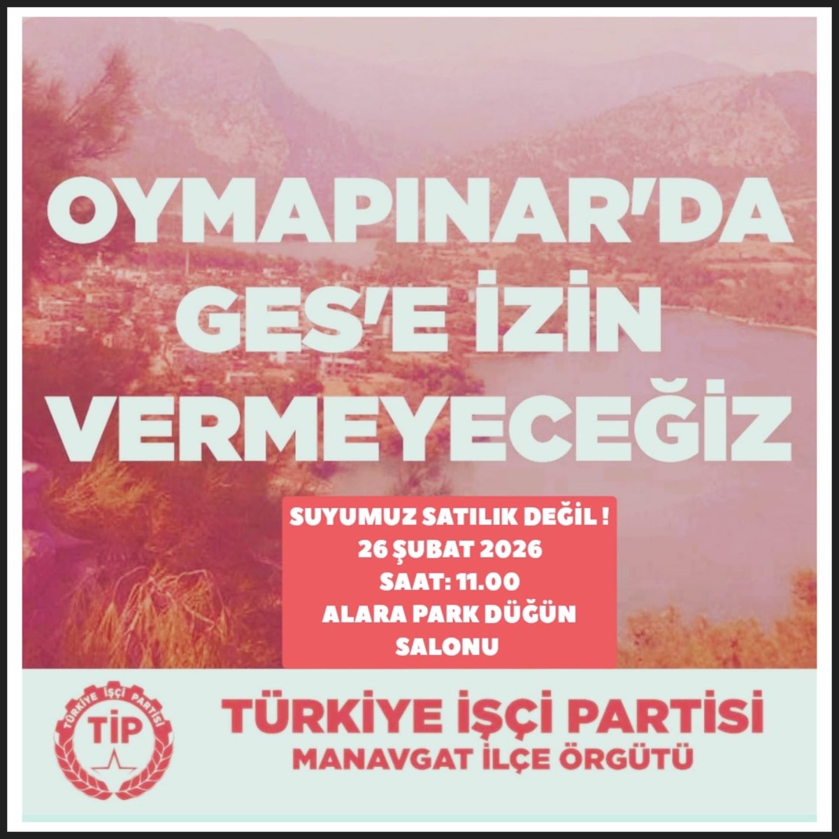 Suyumuz da doğamız da satılık değil!

Şirketlerin kârı uğruna halkın suyunu zehirleyen, ekosistemi bozan GES projesine karşı; 26 Şubat saat 11.00’de, Alara Park Düğün Salonu’nda yapılacak toplantıya tüm halkımızı bekliyoruz!