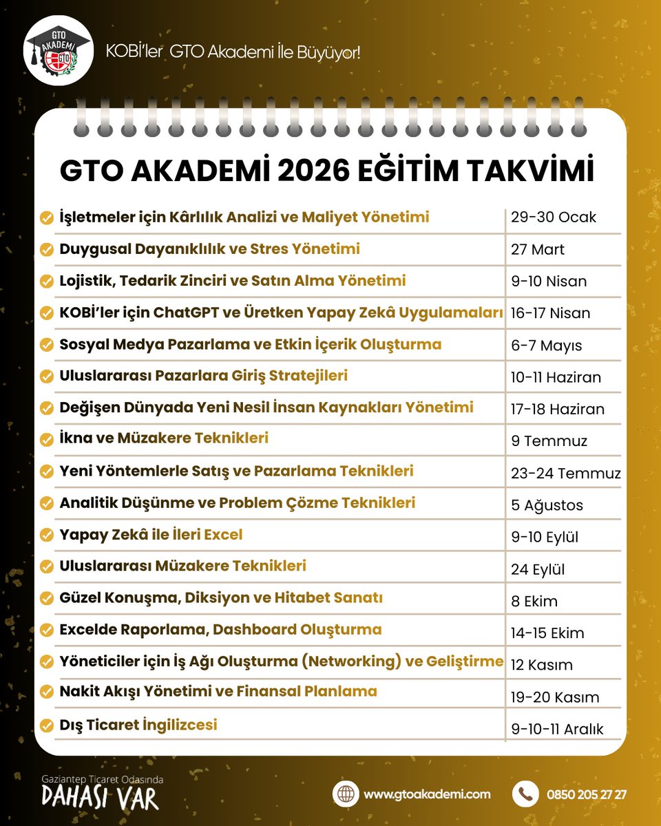 👀 GTO Akademi’nin 2026 yılı eğitim takvimine göz attınız mı?

🚀 2026’yı gelişimle, yenilikle ve başarıyla dolu bir yıl yapmak için; üyelerimizden gelen geri bildirimler doğrultusunda, ihtiyaç duyabileceğiniz pek çok alanda kapsamlı eğitim programları hazırladık.

📚 Kişisel