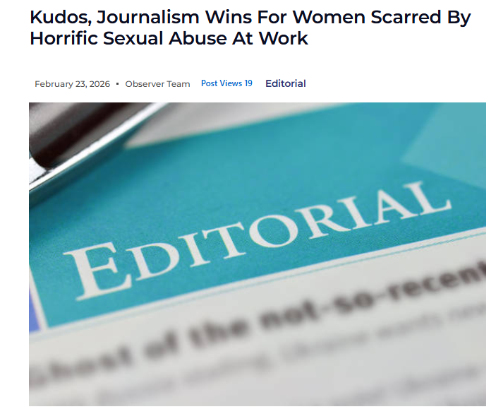MediaObserverK's tweet photo. Kudos, journalism wins for women scarred by horrific sexual abuse at work

👉https://t.co/zXBqD0VztZ

🌐: https://t.co/wO776xRFoC 

Pdf version: https://t.co/7Rstim06ds

@MediaCouncilK @CCommissionKE  @DavidOmwoyo @vicbwire @DinahOndari @BlaqAnarchist @KUJ_Kenya @KenyaEditors https://t.co/k9v0v1Yxff