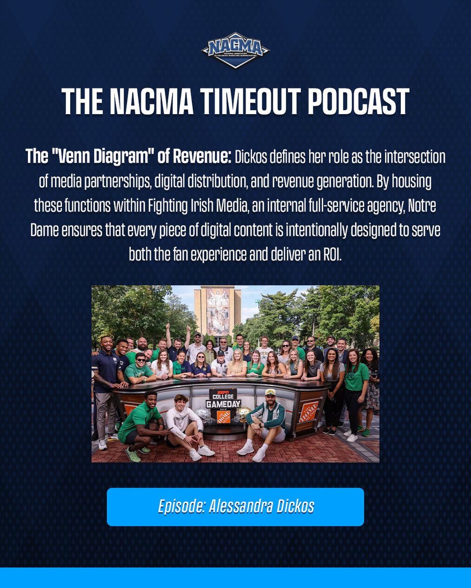 NACMANews's tweet photo. New #NACMA Timeout Podcast Episode 🎙️

@sandradickos breaks down how @FightingIrish aligns media, distribution and revenue, without compromising brand.

🎧 Listen: https://t.co/w8eXSvyoWa https://t.co/j0akOxaNax