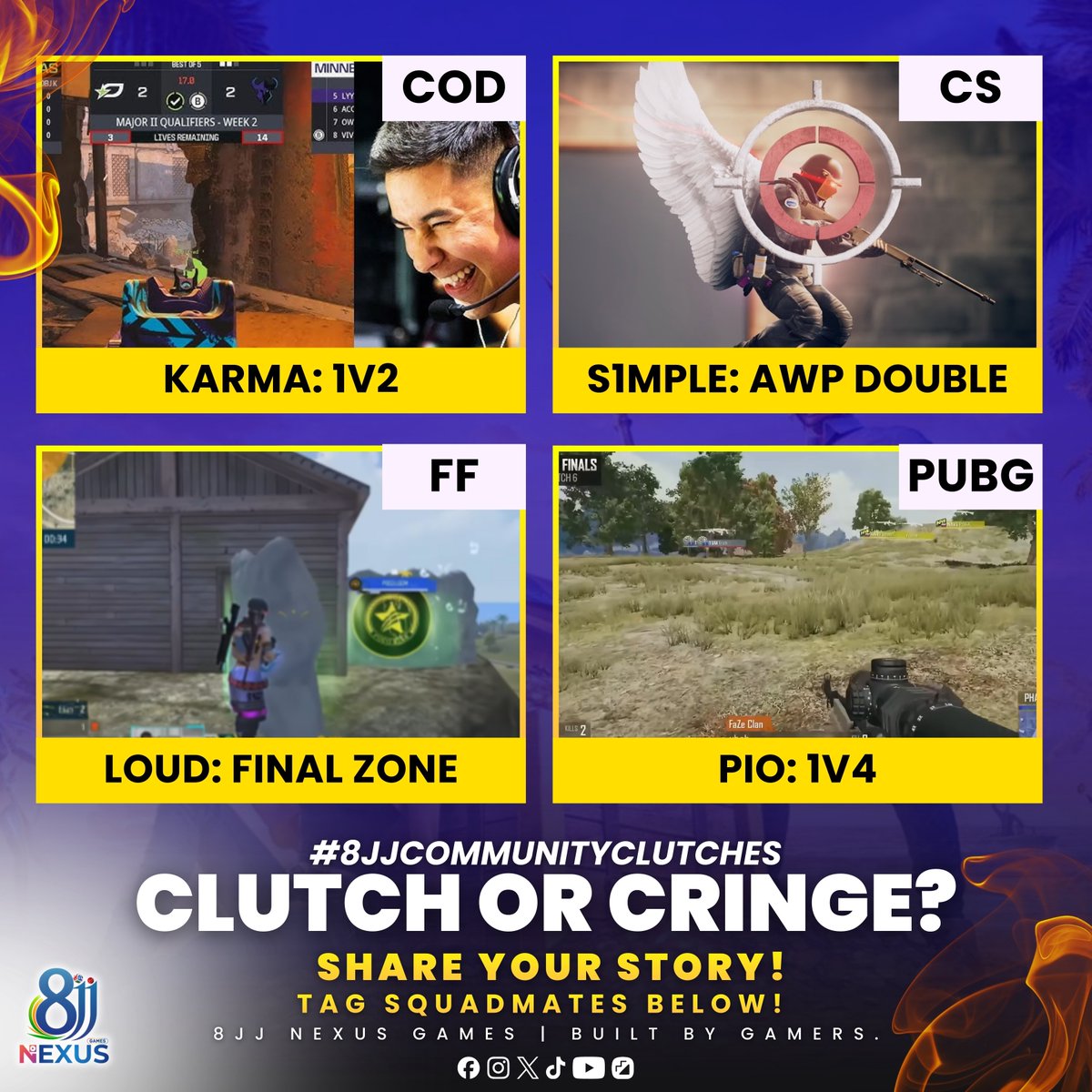 8JJ_Nexus_games's tweet photo. ๐คฏ Clutch or CRINGE? Check these god plays: COD 1v2, AWP doubletap, FF final zone hold, PUBG 1v4! Your squad got better? ๐ Drop clips below + tag 'em! ๐
#ClutchOrCringe #GamingClutch #1v4God #AWPHighlight #FinalZone #SquadClips #COD #CSGO #FreeFire #PUBG #BGMI #IndianGaming https://t.co/pmtEkwPNmO