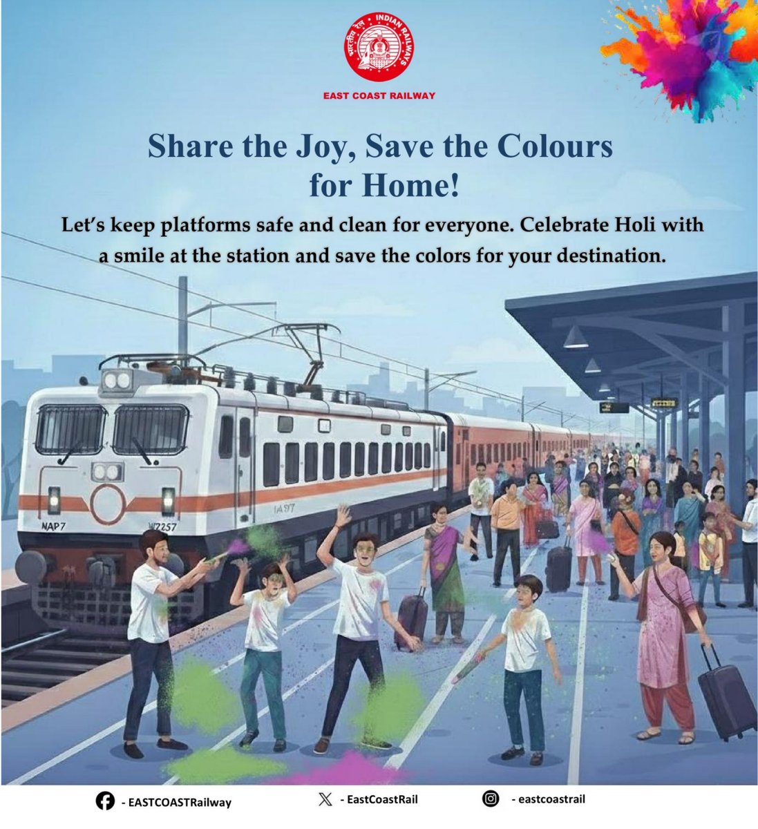 EastCoastRail's tweet image. Your safety is the most beautiful color.
Let’s keep our shared spaces clean and avoid playing near tracks for a worry-free Holi! 🚉✨

#SafeHoli #RailSafety #RailSafety
#ECoRUpdate @RailMinIndia