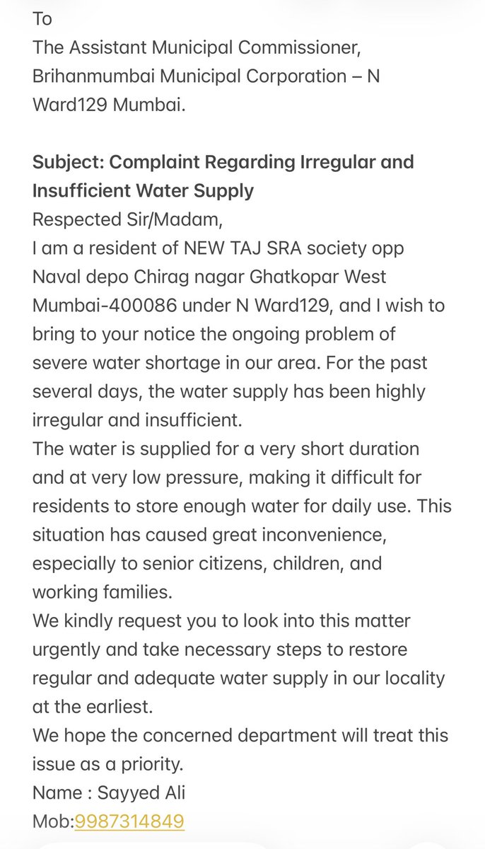 sayyedali02's tweet photo. @mybmcWardN @mybmc 
 To The Assistant Municipal Commissioner, Brihanmumbai Municipal Corporation – N Ward129 Mumbai.

Subject: Complaint Regarding Irregular and Insufficient Water, Supply plz do the needful. https://t.co/ZcLlsctFVb