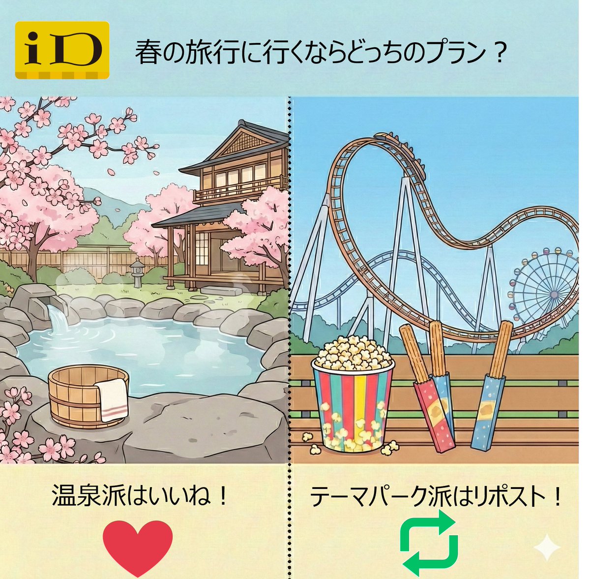 id_credit's tweet photo. ／
春休み・卒業シーズン到来🎓旅行に行くならどっち？
＼
暖かくなってきて、お出かけ欲が高まる時期ですね
旅先でのグルメやお土産購入も、#iD ならお財布いらずで身軽に楽しめます！

♨️温泉でまったり癒やし旅 ➔ いいね
🎢テーマパークで弾ける旅 ➔ リポスト
行きたい場所をコメントで教えてね！ https://t.co/1h4Znuahmr