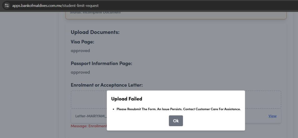 marieahmed12's tweet photo. I’m a Maldivian student in Malaysia &amp; I cannot withdraw my own money because of repeated system errors and issues with @bankofmaldives.

First I’m told to resubmit the correct document (offer letter with an expiration date of the course) but I can’t upload documents due to errors https://t.co/PaOHZ498Pm
