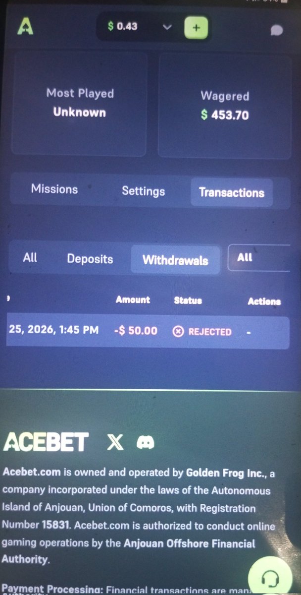 SebastFinley's tweet photo. Is it true that this site is a blatant scam? @acebet
I made a deposit and wanted to withdraw, but suddenly my account was banned for an unclear reason.
I inform you, never play on unclear sites like this.
#Acebet #Scame #siteScame #Cassino https://t.co/L83J17QcEK