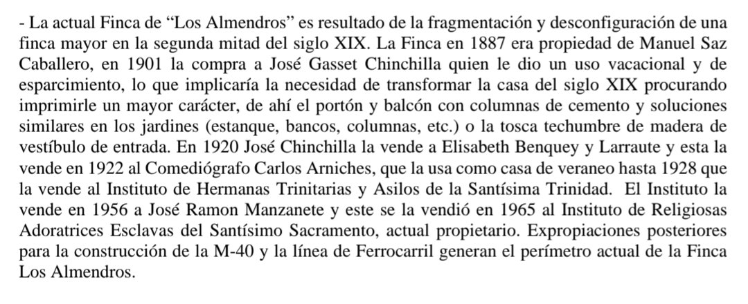 Quieren tirarla para hacer aún más oficinas, pese a su belleza e Historia: Ortega y Gasset y su familia, Alberti enamorándose, Carlos Arniches y las reuniones de la Generación del 27, su naturaleza... Era la quinta más querida por el pueblo de Hortaleza. Sólo importa el dinero.