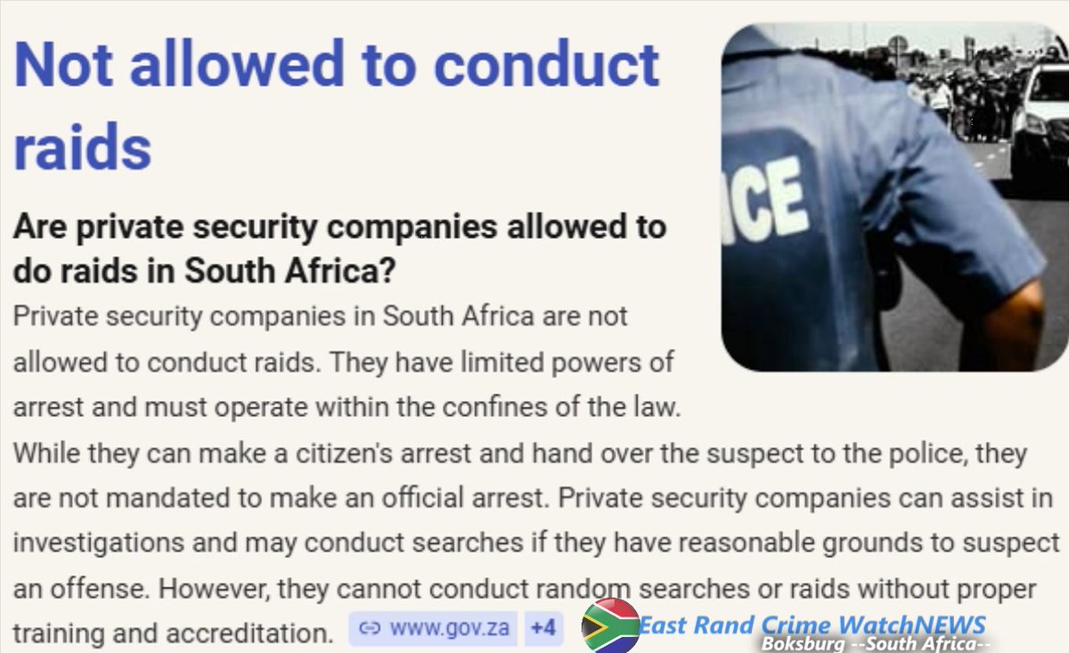 cbdoilRSA's tweet image. #securitylaws #securitytrainingneeded #SecuritySolutions
Are private security companies allowed to do raids in South Africa?

Not allowed to conduct raids!!!

Private security companies in South Africa are not allowed to conduct raids. They have limited powers of arrest and must
