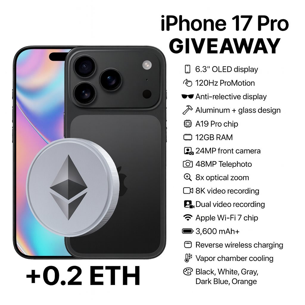 Buauty98's tweet photo. 🚨 ETH x iPhone 17 Pro GIVEAWAY 🚨

Win the brand-new iPhone 17 Pro + $850 in $ETH 💎📱

To enter:
1️⃣ Follow me @Buauty98 
2️⃣ Like + repost this tweet
3️⃣ Bookmark 

👑 Winner chosen by @Grok on Sept 26th, 5pm UTC
No cap. Pure random. 100% fair. https://t.co/SJ1gnKiTAc