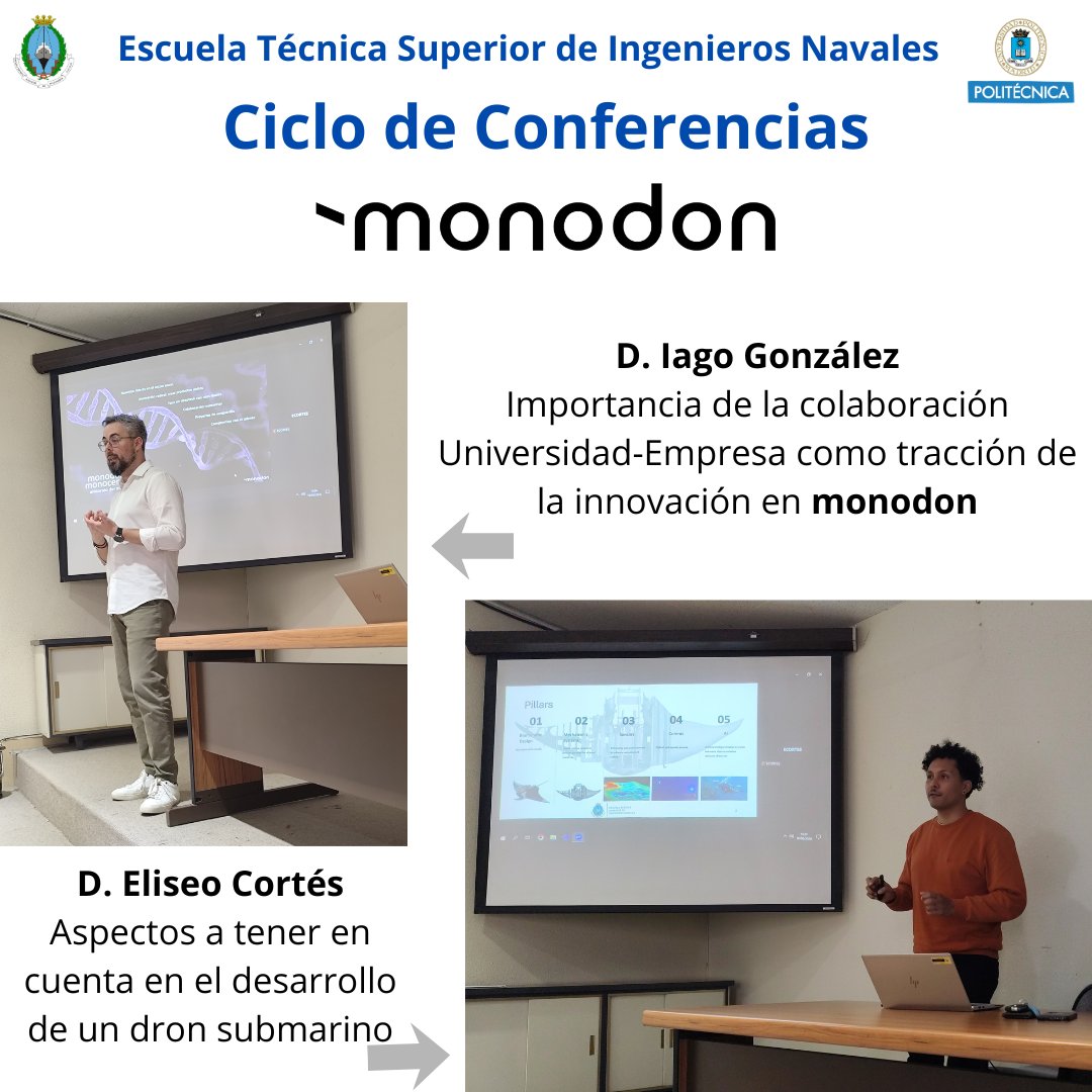 ETSIN_Oficial's tweet photo. El 18/02/26 se celebró en la @ETSIN_Oficial de @La_UPM dos conferencias:
Ponentes:
D. Eliseo Cortés
Aspectos a tener en cuenta en el desarrollo de un dron submarino.
D. Iago González
Importancia de la colaboración Universidad-Empresa como tracción de la innovación en #monodon. https://t.co/AstUaRu2Yr