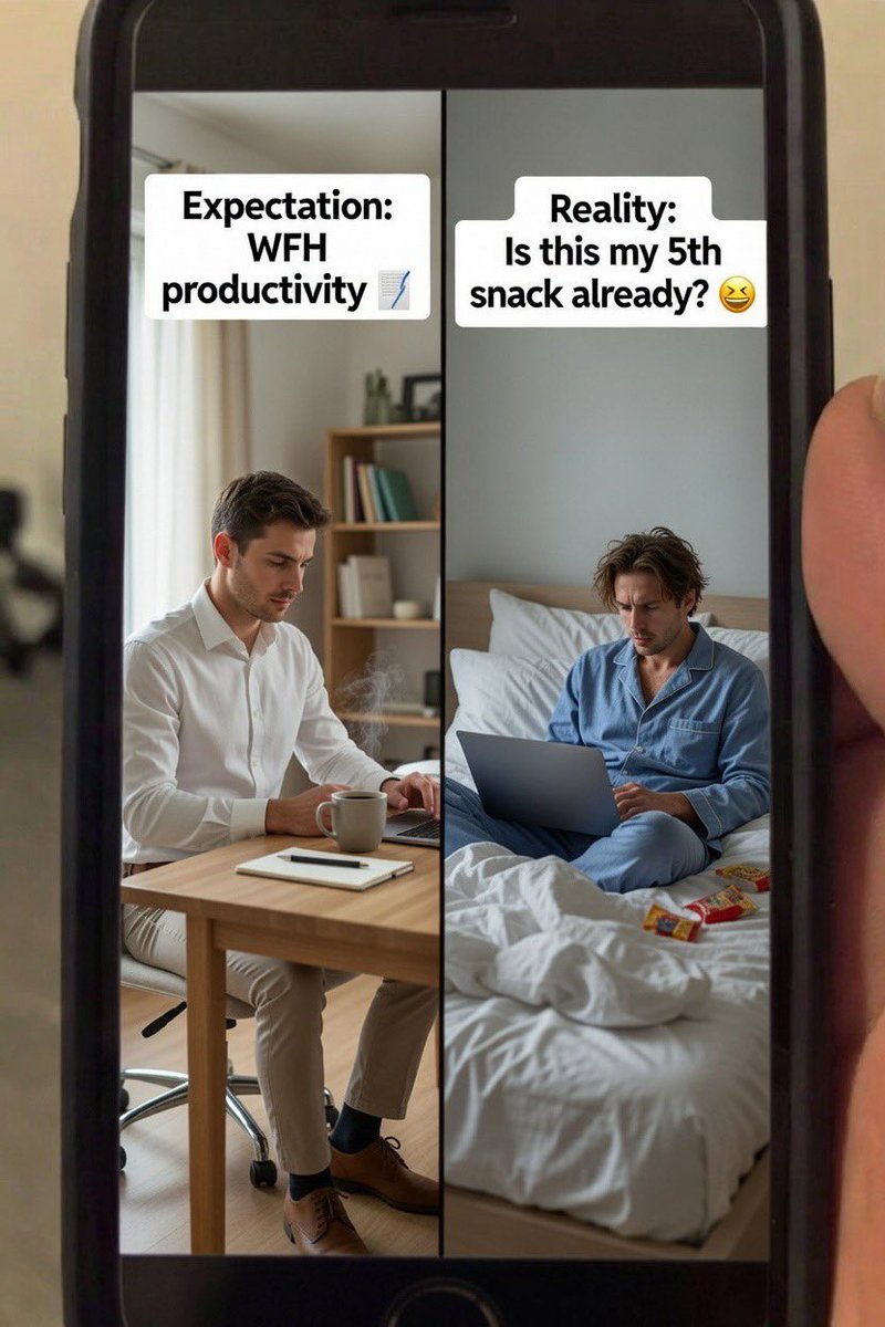 ClearMindsX's tweet photo. 💻🏠 Working from home sounds cozy… until your couch becomes your office, your fridge your coworker, and your “5 min break” turns into 2 hours. 😅

Beware: Productivity may drop, snacks may rise! 🚨

#WorkFromHome #WFHDangers #HomeOfficeLife #ProductivityFail #RemoteWorkProblems #ZoomFatigue